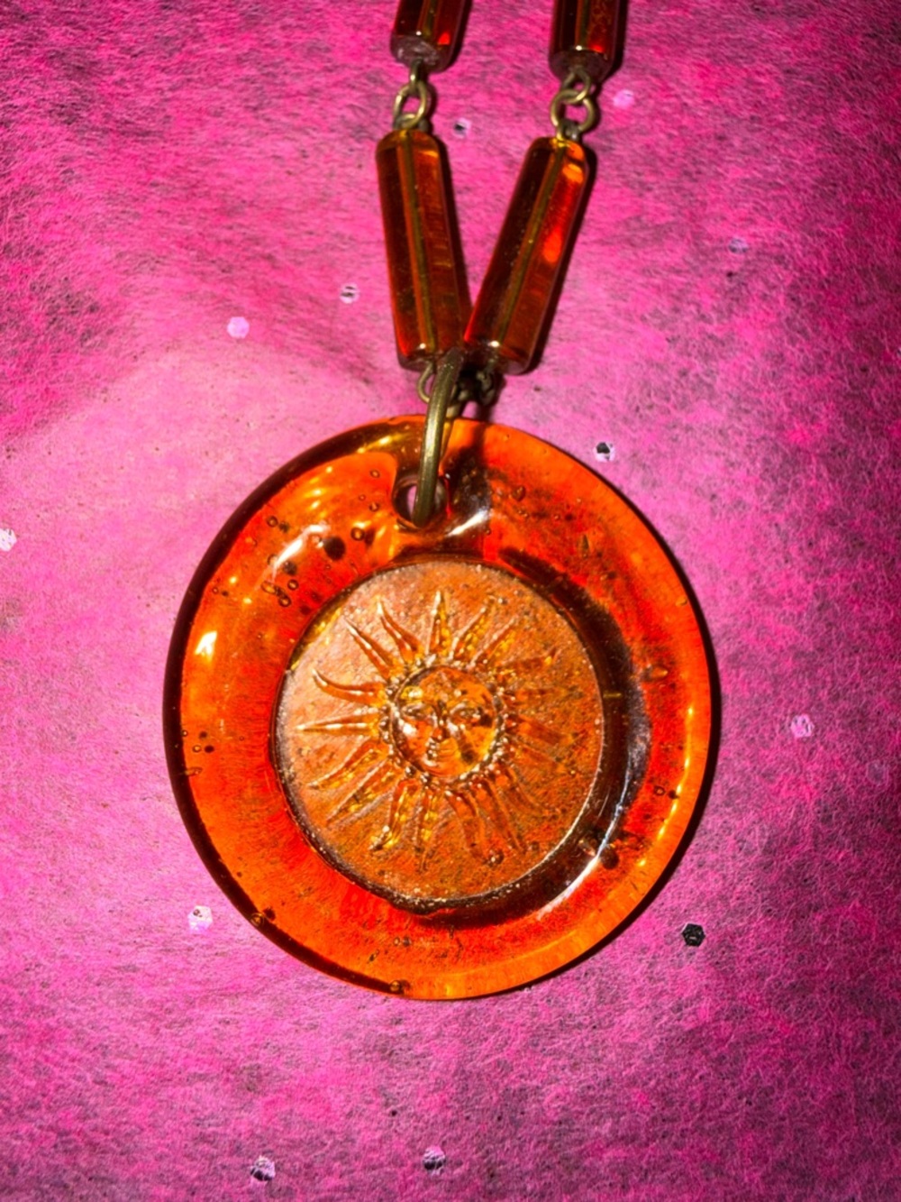 Amber Sun Medallion Glass Pendant Necklace